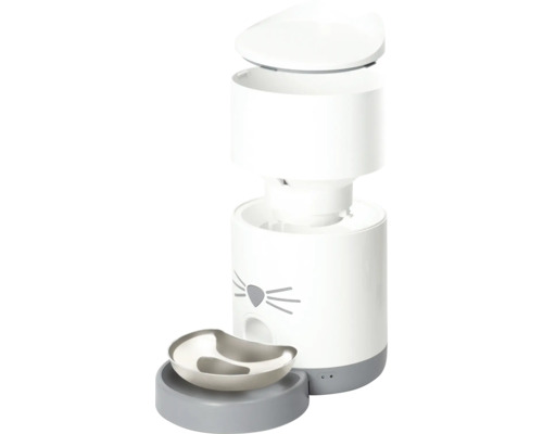 Automatischer Futterautomat für Katzen mit Katzendesign und Futternapf.