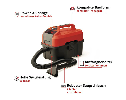 Akku-Nass Trockensauger mit zehn Liter Behältervolumen und zwei Meter Saugschlauch