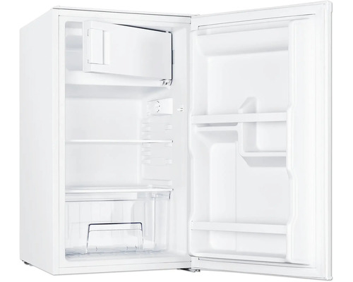 Geöffneter, kleiner, weißer Kühlschrank mit Regalen