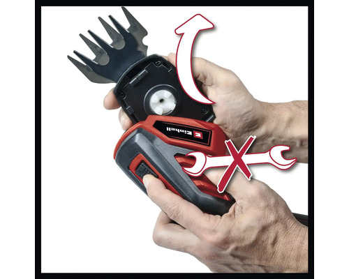 Einhell Logo. Abbildung einer Heckenschere mit abnehmbarem Schneidaufsatz. Es ist kein Werkzeug für den Wechsel erforderlich.