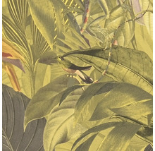 Illustration von tropischen Blättern, einer Eidechse und einem Vogel