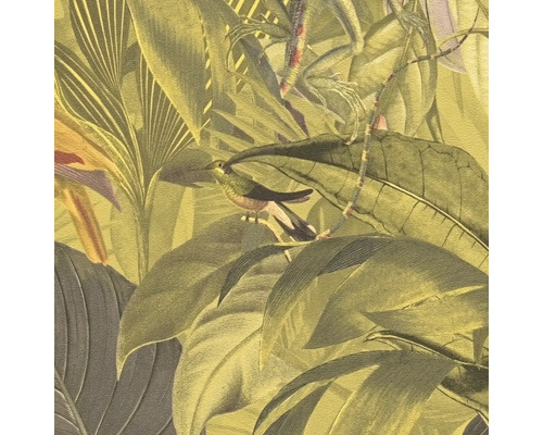 Illustration von tropischen Blättern, einer Eidechse und einem Vogel