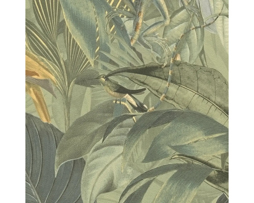 Tapete mit Dschungelmotiv, die Pflanzen, einen Vogel und ein Chamäleon zeigt