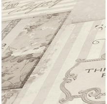 Nahaufnahme einer Wandtapete mit Vintage-Motiven und Streifen