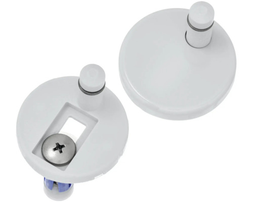 Zwei Toilettensitzbefestigungen aus Kunststoff mit Schrauben