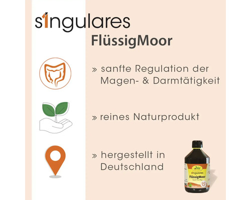 Singulares FlüssigMoor für eine sanfte Regulation der Magen- und Darmtätigkeit, ein reines Naturprodukt hergestellt in Deutschland.