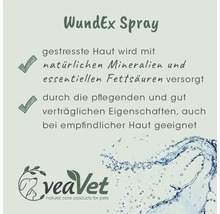WundEx Spray Information für gestresste Haut mit natürlichen Mineralien und essenziellen Fettsäuren, VeaVet Logo.
