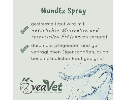 WundEx Spray Information für gestresste Haut mit natürlichen Mineralien und essenziellen Fettsäuren, VeaVet Logo.