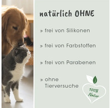 Hund und Katze. Das Produkt ist frei von Silikonen, Farbstoffen und Parabenen und wurde ohne Tierversuche hergestellt.