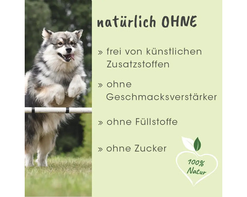 Hund springt über Stange, Hinweis: natürlich ohne künstliche Zusatzstoffe, ohne Geschmacksverstärker, ohne Füllstoffe, ohne Zucker, 100 Prozent Natur