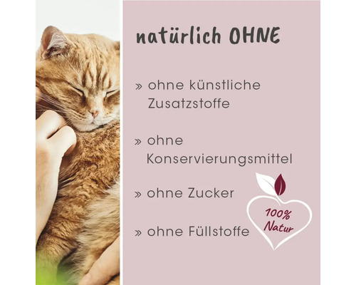 Katze wird gestreichelt. Auf der rechten Seite steht, dass das Produkt frei von künstlichen Zusatzstoffen, Konservierungsmitteln, Zucker und Füllstoffen ist. 100% Natur.