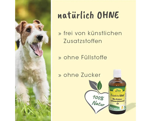 Hund neben InsektoVet Bio Kokos Schwarzkümmel Öl, das frei von künstlichen Zusatzstoffen, Füllstoffen und Zucker ist.