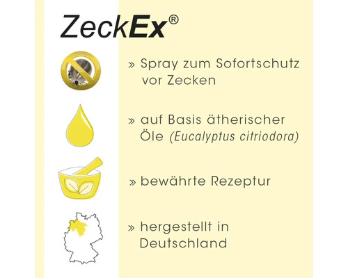 ZeckEx Produktinformationen: Spray zum Schutz vor Zecken, Basis ätherischer Öle, bewährte Rezeptur, hergestellt in Deutschland