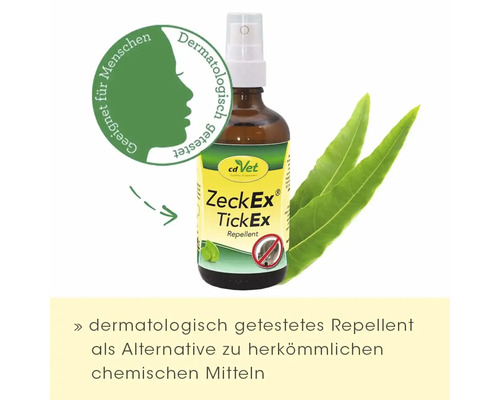 ZeckEx TickEx Repellent in einer Sprühflasche mit Blättern