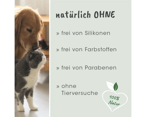 Hund und Katze, Text: Natürlich ohne Silikone, Farbstoffe, Parabene, ohne Tierversuche, 100 Prozent Natur