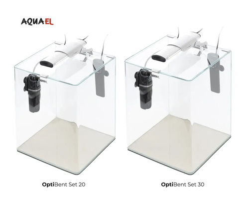 Zwei Aquael OptiBent Aquarien Sets in verschiedenen Größen mit Filter und Beleuchtung.