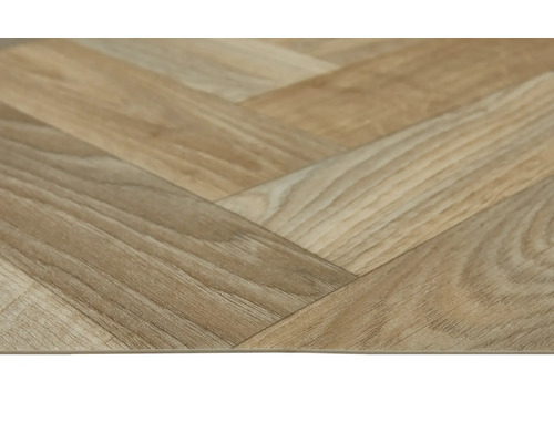 Detailaufnahme eines Vinylbodens in Fischgrätoptik.