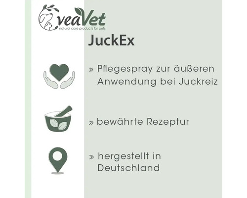 veaVet Logo. JuckEx Pflegespray zur äußeren Anwendung bei Juckreiz, bewährte Rezeptur, hergestellt in Deutschland.