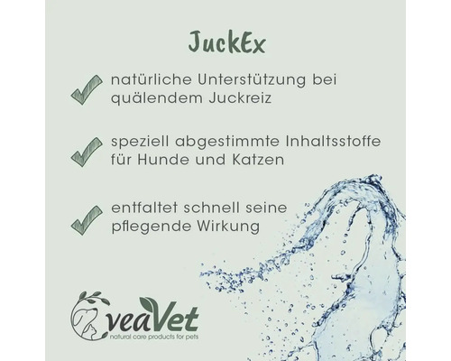 JuckEx Produktinformationen mit natürlichen Inhaltsstoffen für Hunde und Katzen, die Juckreiz lindern und schnell wirken. VeaVet Logo.