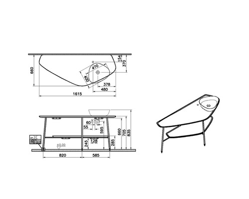 Technische Zeichnung eines Waschtisches mit Maßen