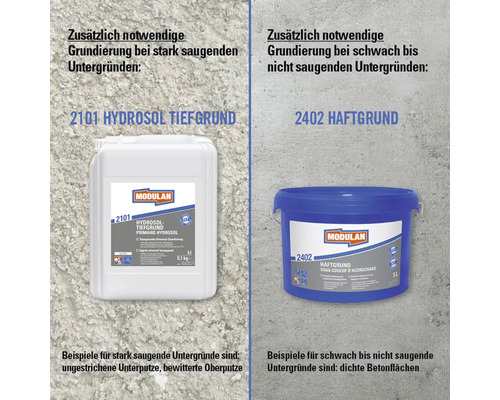 Darstellung von Modulan 2101 Hydrosol Tiefgrund und Modulan 2402 Haftgrund zur Vorbereitung von Untergründen