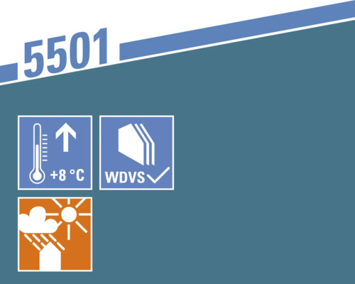 Symbol: Verarbeitungstemperatur ab 8 Grad Celsius. Symbol: Wärmedämmverbundsystem geeignet. Symbol: Witterungsbeständig