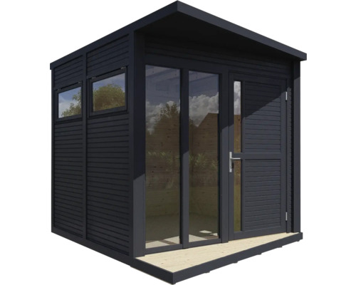 Gartenhaus mit Fenster und Tür auf einer Holzterrasse