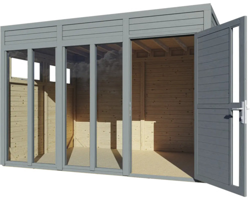 Modernes Gartenhaus mit verglasten Schiebetüren und Doppeltür