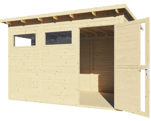 Holzgartenhaus mit Fenster und geöffneten Türen