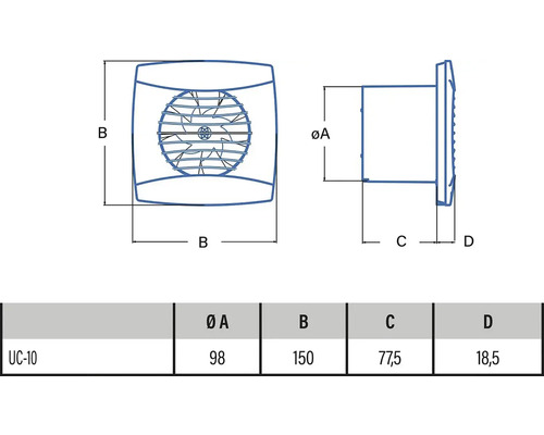 Technische Zeichnung eines Ventilators mit Maßangaben