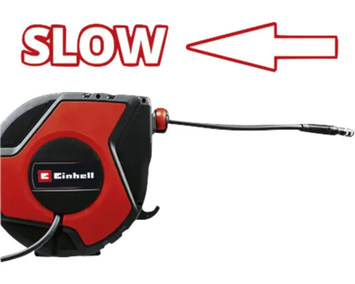 Einhell Logo auf einer automatischen Schlauchtrommel mit der Aufschrift langsam