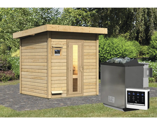 Saunahaus Karibu Talos 2 inkl. 9 kW Bio Ofen u.ext. Steuerung ohne Vorraum mit Holztür und Isolierglas Saunahaus Karibu Talos 2 inkl. 9 kW Bio Ofen u.ext. Steuerung ohne Vorraum mit Holztür und Isolierglas