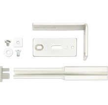 Befestigungsmaterial für Duschkabinen, bestehend aus Schrauben, Halterungen und Führungsschienen