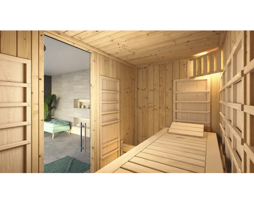 Innensauna mit Liegefläche aus Holz und Glastür
