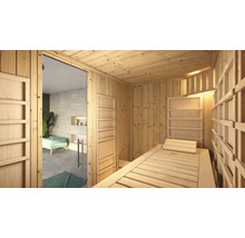 Holzsauna mit Liegefläche und angrenzendem Badezimmer