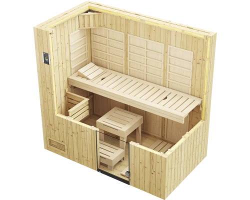 Innenansicht einer Holzsauna mit Bänken und Glastür