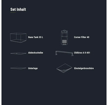 Set Inhalt: Nano Tank 35 Liter, Eckfilter 40, Abdeckscheibe, Chihiros A II 401, Unterlage und Einsteigerbroschüre