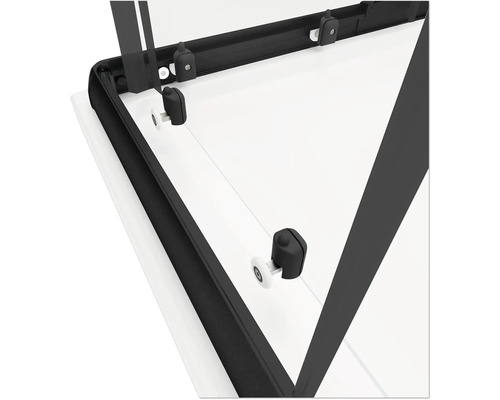 Detailansicht einer Duschkabine mit Rollen und Rahmen