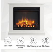 Elektrokamin mit Flammeneffekt und den Symbolen Cool Touch, Nennleistung 2000W, Überhitzungsschutz und Steckdose