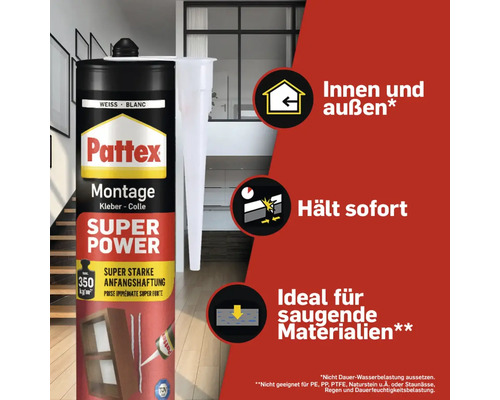 Pattex Montagekleber Super Power mit Kartusche und Düse für Innen- und Außenbereiche