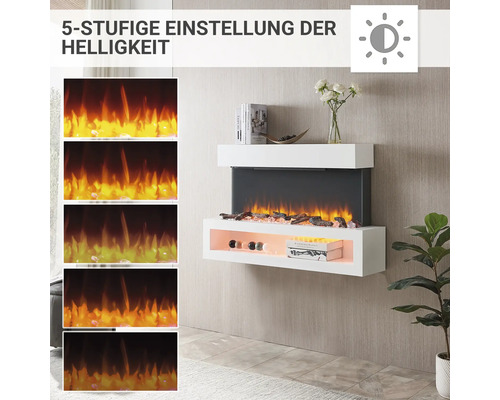 Wandkamin mit fünfstufiger Helligkeitseinstellung für stimmungsvolles Ambiente