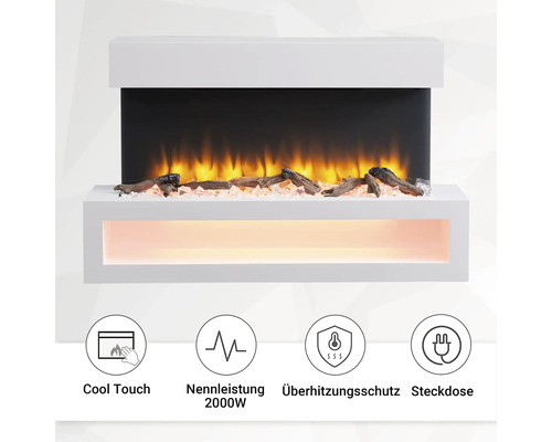 Elektrischer Kamin mit simulierten Flammen, Holzscheiten und Kristallen