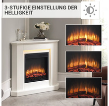 Weißer Eckkamin mit simuliertem Feuer und dreistufig einstellbarer Helligkeit