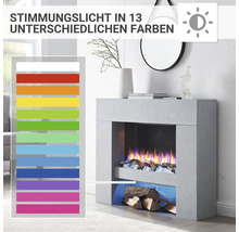 Elektrischer Kamin mit Ambientebeleuchtung in 13 Farben im Wohnzimmer.