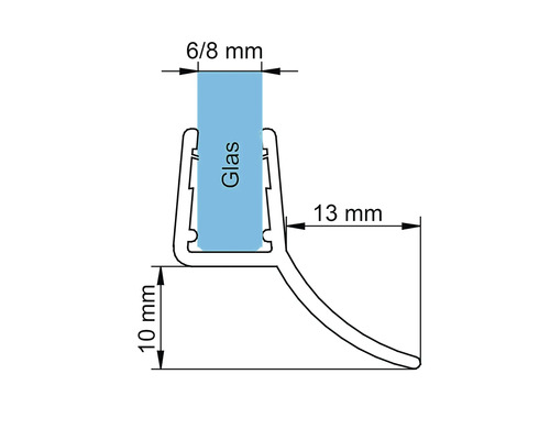 Zeichnung einer Duschdichtung mit Maßangaben für Glasstärke, Höhe und Länge