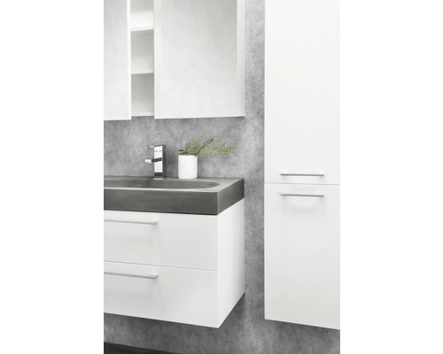 Badezimmer mit Waschtischunterschrank, Waschbecken, Spiegelschrank und Hochschrank