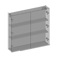 Badezimmerschrank mit Glasfront und mehreren Regalböden zur Aufbewahrung von Badutensilien