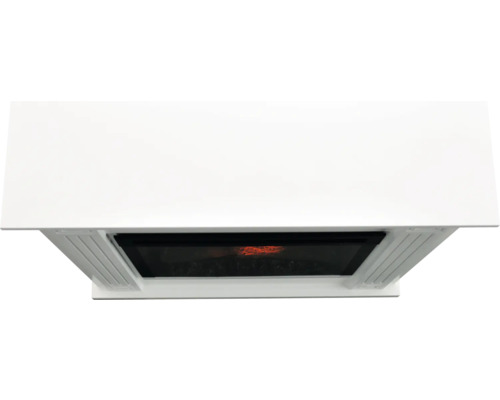 Dekorativer Elektrokamin mit weißer Verkleidung.