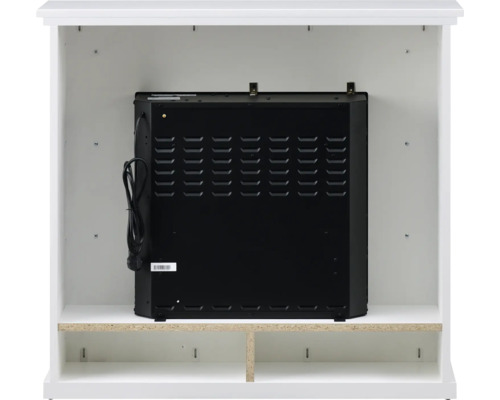Rückansicht eines Elektrokamins in einem weißen Kaminkorpus