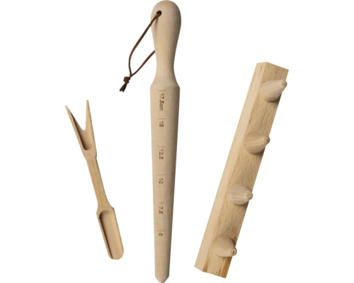 Holzset mit Pflanzwerkzeugen: Pikierstab mit Messskala, Pflanzholz und Saathelfer